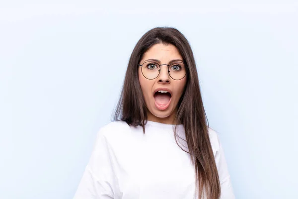 Young Pretty Woman Feeling Terrified Shocked Mouth Wide Open Surprise — Stock Photo, Image