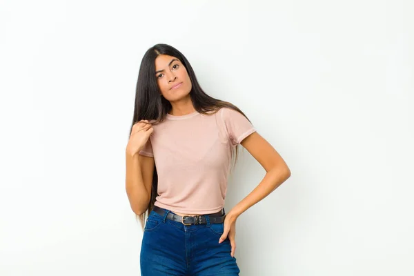Young Pretty Latin Woman Looking Arrogant Successful Positive Proud Pointing — Stock Photo, Image