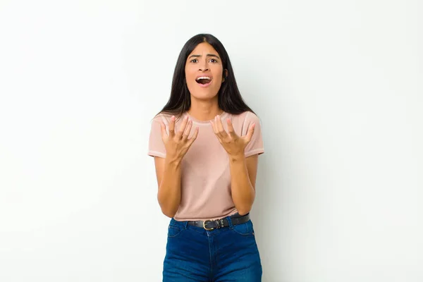 Young Pretty Latin Woman Looking Desperate Frustrated Stressed Unhappy Annoyed — Stock Photo, Image