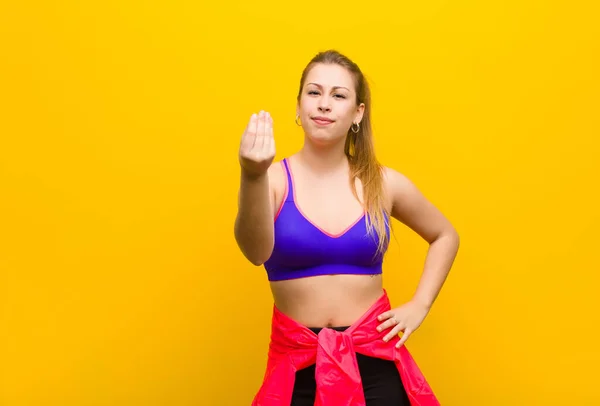 Young Blonde Woman Making Capice Money Gesture Telling You Pay — Stock Photo, Image