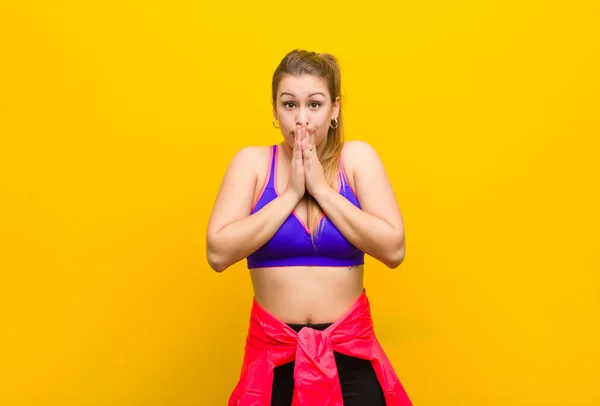 Young Blonde Woman Happy Excited Surprised Amazed Covering Mouth Hands — Stock Photo, Image