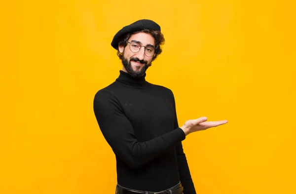 Young French Artist Man Smiling Cheerfully Feeling Happy Showing Concept — Stock Photo, Image