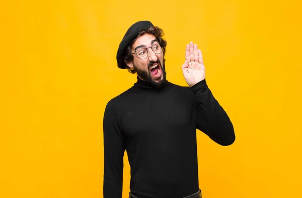 Young French Artist Man Yelling Loudly Angrily Copy Space Side — Stock Photo, Image