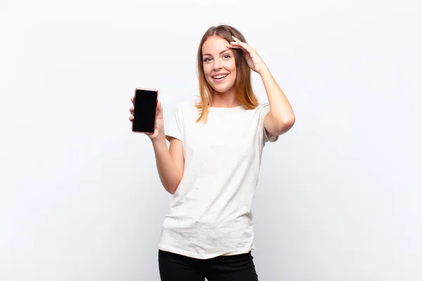 Red Head Pretty Woman Looking Happy Astonished Surprised Smiling Realizing — Stock Photo, Image