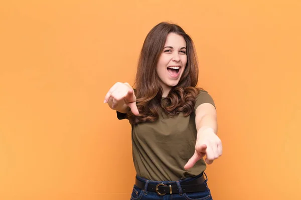 Young Pretty Woman Feeling Happy Confident Pointing Camera Both Hands — Stock Photo, Image