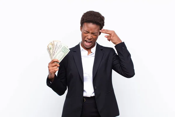 Young Pretty Black Womanlooking Unhappy Stressed Suicide Gesture Making Gun — Stock Photo, Image