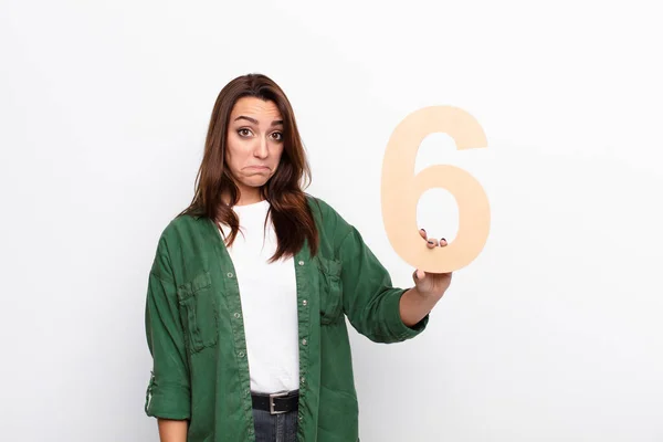 Young Pretty Woman Sad Depressed Unhappy Holding Number — Stock Photo, Image