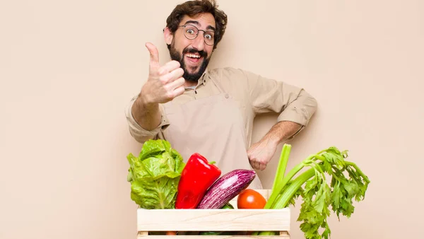 Green Grocery Man Feeling Proud Carefree Confident Happy Smiling Positively — Stock Photo, Image