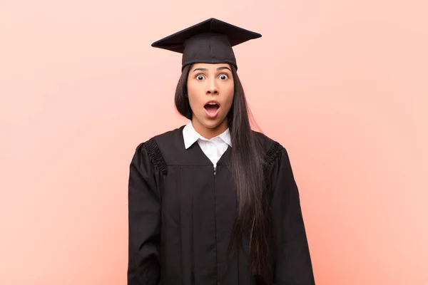 Young Latin Woman Student Looking Very Shocked Surprised Staring Open — Stock Photo, Image