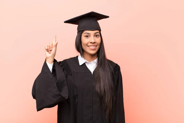 Young Latin Woman Student Smiling Cheerfully Happily Pointing Upwards One — Stock Photo, Image