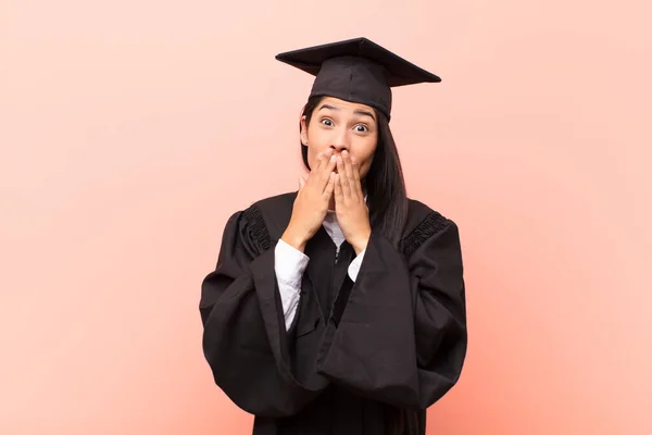 Young Latin Woman Student Happy Excited Surprised Amazed Covering Mouth — Stock Photo, Image