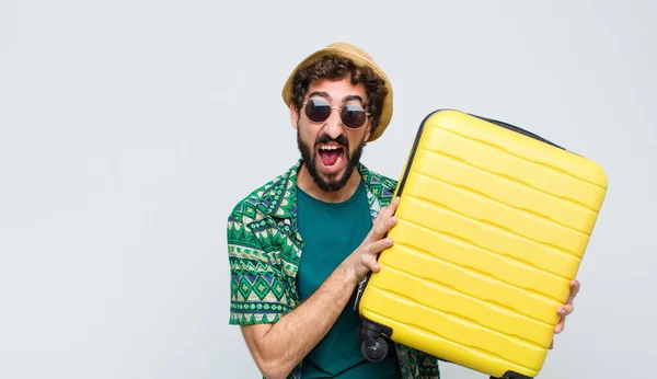 Jeune Touriste Avec Procès Contre Mur Blanc Concept Voyage — Photo