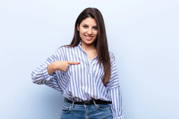 Young Pretty Woman Looking Proud Confident Happy Smiling Pointing Self — Stock Photo, Image