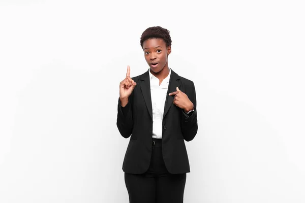 Young Pretty Black Womanfeeling Proud Surprised Pointing Self Confidently Feeling — Stock Photo, Image