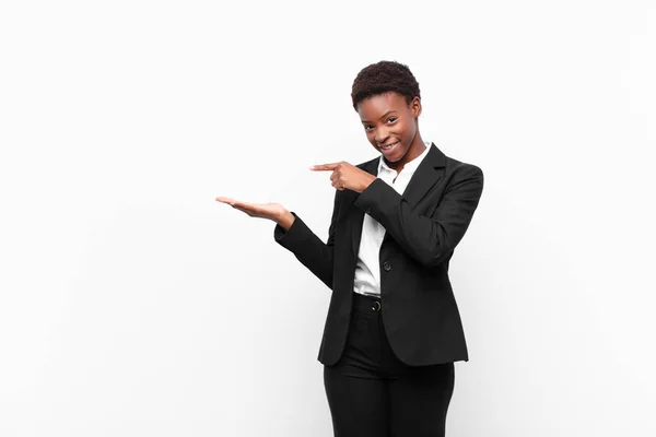 Young Pretty Black Womansmiling Cheerfully Pointing Copy Space Palm Side — Stock Photo, Image