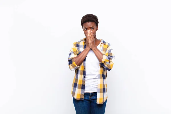 Young Pretty Black Womanfeeling Worried Upset Scared Covering Mouth Hands — Stock Photo, Image