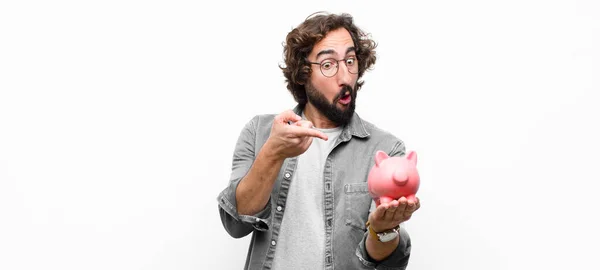 Young Crazy Cool Man Holding Piggy Bank White Wall — Stock Photo, Image