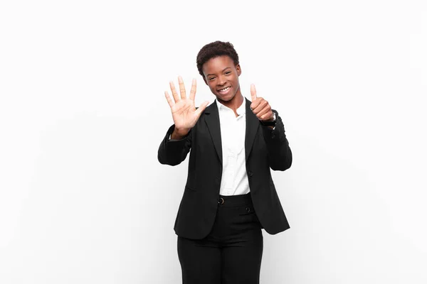 Young Pretty Black Womansmiling Looking Friendly Showing Number Six Sixth — Stock Photo, Image