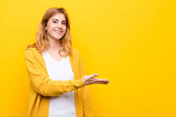 Young Pretty Blonde Woman Smiling Cheerfully Feeling Happy Showing Concept — Stock Photo, Image