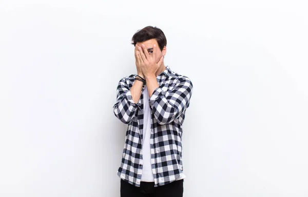 Man Feeling Scared Embarrassed Peeking Spying Eyes Half Covered Hands — Stock Photo, Image