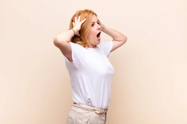 Middle Age Woman Open Mouth Looking Horrified Shocked Because Terrible — Stock Photo, Image