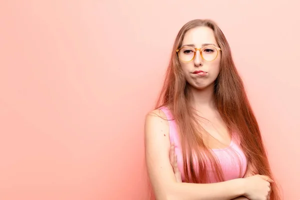 Yound Blonde Woman Doubting Thinking Biting Lip Feeling Insecure Nervous — Stock Photo, Image