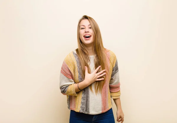 Young Blonde Woman Feeling Shocked Surprised Smiling Taking Hand Heart — Stock Photo, Image