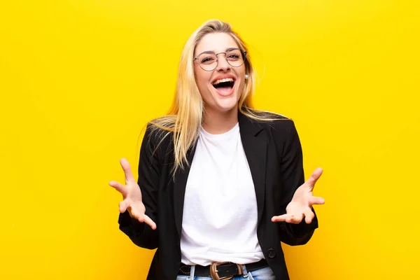 Young Pretty Blonde Woman Feeling Happy Astonished Lucky Surprised Saying — Stock Photo, Image