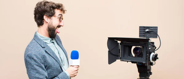 Television Presenter Cheerful Carefree Rebellious Attitude Joking Sticking Tongue Out — Stock Photo, Image