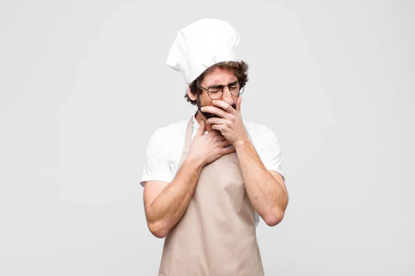 Young Crazy Chef Feeling Ill Sore Throat Flu Symptoms Coughing — Stock Photo, Image