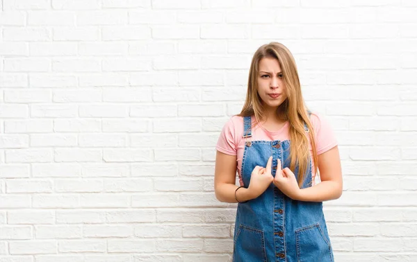 Young Blonde Woman Pointing Self Confused Quizzical Look Shocked Surprised — Stock Photo, Image