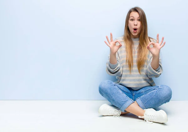 Young Blonde Woman Feeling Shocked Amazed Surprised Showing Approval Making — Stock Photo, Image