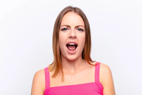 Red Head Pretty Woman Looking Shocked Angry Annoyed Disappointed Open — Stock Photo, Image