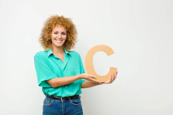 Young Pretty Afro Woman Excited Happy Joyful Holding Letter Alphabet — Stock Photo, Image