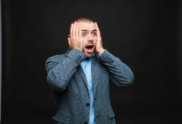 Young Businessman Feeling Happy Excited Surprised Looking Side Both Hands — Stock Photo, Image