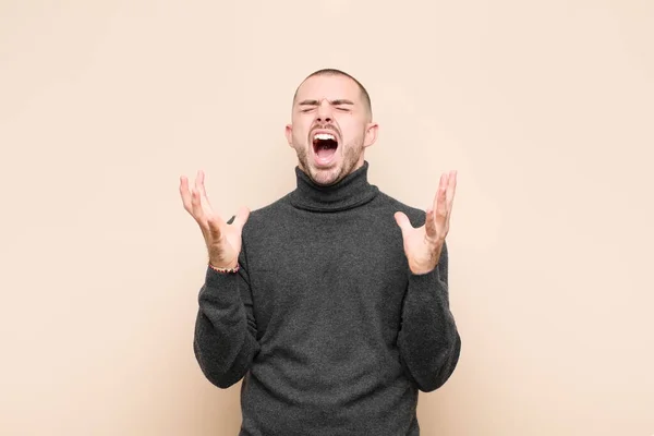 Young Handsome Man Furiously Screaming Feeling Stressed Annoyed Hands Air — Stok fotoğraf