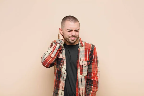 Young Handsome Man Feeling Stressed Frustrated Tired Rubbing Painful Neck — Stock Photo, Image