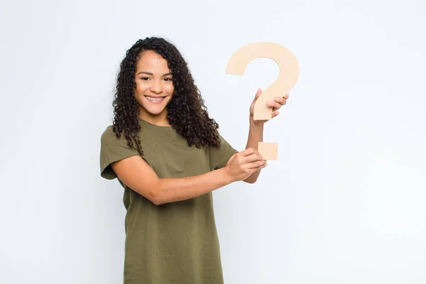 Young Black Woman Excited Happy Joyful Holding Symbol Form Word — Stock Photo, Image