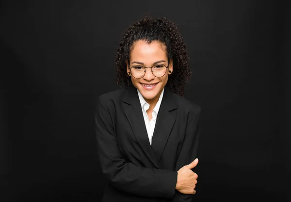 Young Black Woman Laughing Shyly Cheerfully Friendly Positive Insecure Attitude — Stock Photo, Image