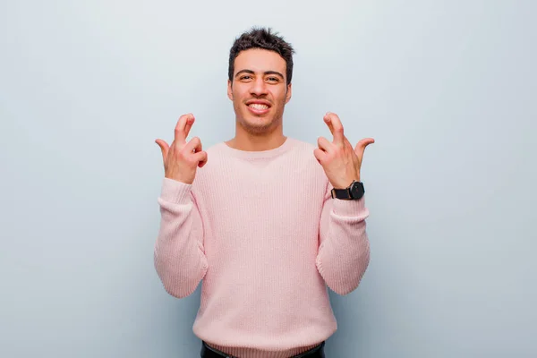 Young Arabian Man Crossing Fingers Anxiously Hoping Good Luck Worried — Stock Photo, Image