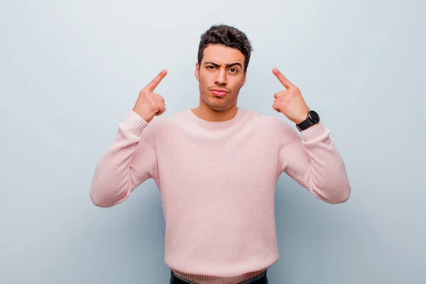 Young Arabian Man Bad Attitude Looking Proud Aggressive Pointing Upwards — Stock Photo, Image