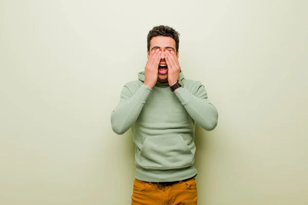 Young Arabian Man Smiling Feeling Happy Covering Eyes Both Hands — Stock Photo, Image