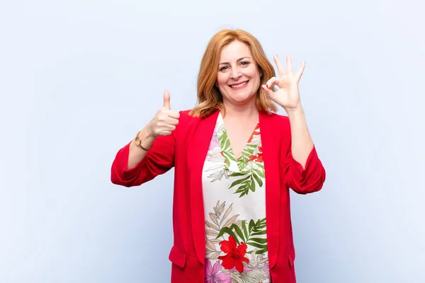 Middle Age Woman Feeling Happy Amazed Satisfied Surprised Showing Okay — Stock Photo, Image
