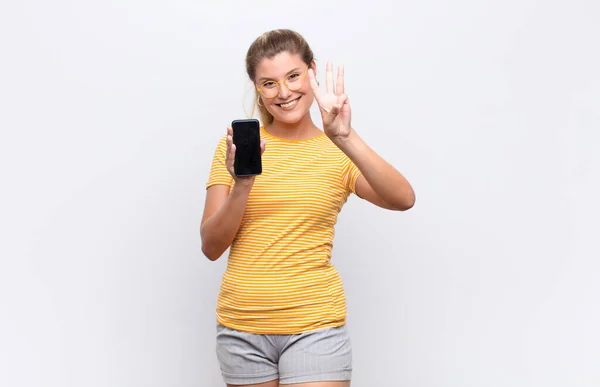 Young Pretty Latin Woman Smiling Looking Friendly Showing Number Three — Stock Photo, Image