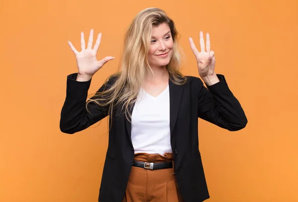 Young Pretty Latin Woman Smiling Looking Friendly Showing Number Eight — Stock Photo, Image