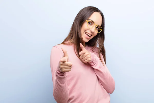 Young Pretty Woman Smiling Positive Successful Happy Attitude Pointing Camera — Stock Photo, Image