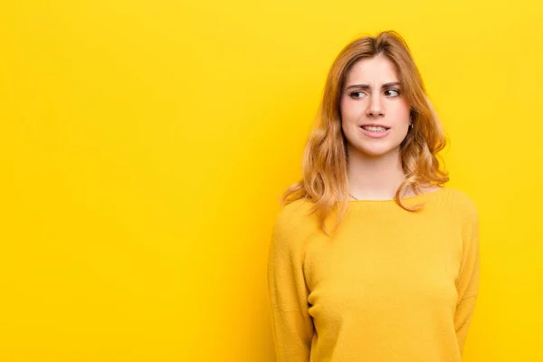 Young Pretty Blonde Woman Looking Worried Stressed Anxious Scared Panicking — Stock Photo, Image