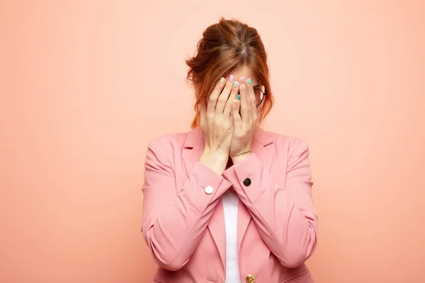 Young Pretty Blonde Woman Feeling Sad Frustrated Nervous Depressed Covering — Stock Photo, Image