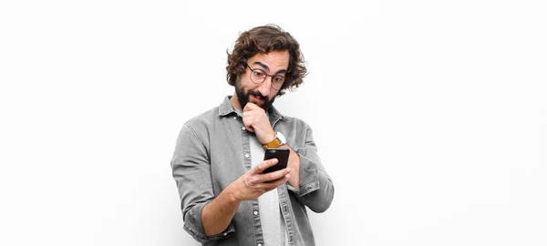 Young Crazy Cool Man Using His Smartphone White Wall — Stock Photo, Image