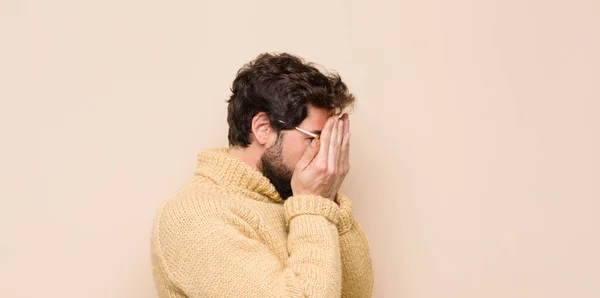 Young Cool Man Feeling Sad Frustrated Nervous Depressed Covering Face — Stock Photo, Image